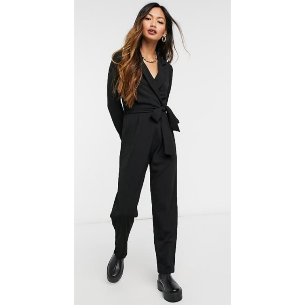 Asos Design Long Sleeve Tux Crepe Jumpsuit In Black With Tie Front